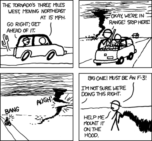 While a “tornado hunter” actually refers to a person who chases after tornadoes in order to document them for scientific purposes, these guys thought it meant you actually pursue a tornado and kill it, similar to hunting animals. However, in a twist of comic absurdity, they were actually able to kill a tornado with a gun. They then had to mount it to their car, as though they had killed a deer.
The hunter also wears a pith helmet and has a large mustache, like a stereotypical british big game hunter.