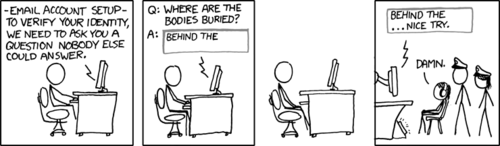 A security question is a common safeguard many websites take in order to enable a user to still access their account even if they forget their username and/or password. The thinking behind this practice is that the questions asked are extremely personal, and therefore should only be answerable by the account owner. In this case, the person setting up the account has presumably committed a crime involving the disposal of bodies and the police are trying to catch him by planting a security question on an email account creation system. Their hope is that the suspect will think nothing of the questions since they are so common when setting up email accounts and that he’ll fill it out with the location of the bodies. The suspect begins to type out the location, but he catches himself and realizes it’s a trap, thwarting the plan of the police.