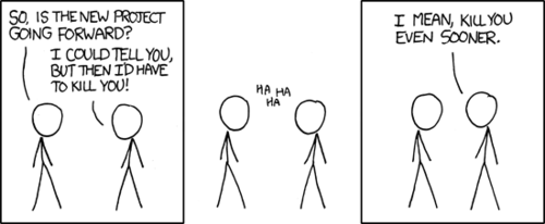 The man on the left asks the man on the right how his “new project” is going. It turns out  that the project is a secret, and the man on the right uses the clichéd statement, “I could tell you, but then I’d have to kill you.” This causes the two men to laugh.

The man on the right (with the secret project) then corrects his previous statement by updating “kill you” to “kill you even sooner.” What this means is that the man on the right’s “secret project” was actually to kill a series of people, including the man on the left. By divulging this secret, he would be forced to kill the inquiring man earlier than scheduled, hence the addition of “sooner.”