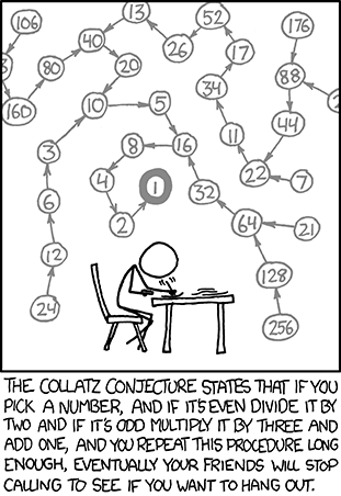 A man attempts to prove (by hand) the Collatz Conjecture which states that you can pick any whole number and repeatedly half it if it is even, or multiply it by three and add one if it is odd and you will eventually get the number one.
Since this requires a lot of work, the man is never available to spend time with his friends. For this reason his friends eventually stop attempting to hang out with him since he will almost assuredly be working on the Collatz Conjecture and thus will not be able to join them in their activities.