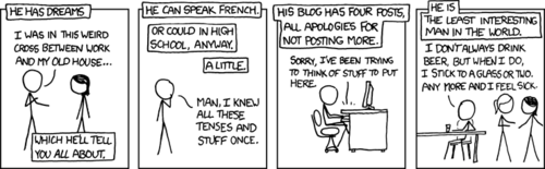 This strip is a play on the popular “Most Interesting Man In The World” series of commercials for Dos Equis beer, except the man portrayed is instead uninteresting. The author displays this by showing the man in various situations that are common in today’s technologically obsessed males, which of course includes the author himself, and most likely the reader. Self-deprecation is a common theme of this comic strip as a whole.