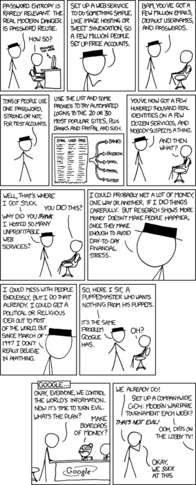 What the Author is trying to explain in these twelve awkward panels is that while many technologically knowledgeable people can devise plans to collect private information, the vast majority lack the criminal creativity necessary to use that data malevolently.