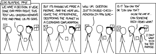 For those of you who are unaware of the Los Alamos National Laboratory (possibly due to a lack of feigned-interest in the sciences), it is a very large, multidisciplinary technology and science research center in New Mexico.
The Author is telling a joke about a man who works in Los Alamos and is also not very good at science. The man is making grandiose, possibly devastating plans when it is revealed that he does not have knowledge of the most basic trigonometry (a mnemonic for remembering the properties of a triangle).  
In humor, this device is called “absurdism” and can sometimes make people laugh. 