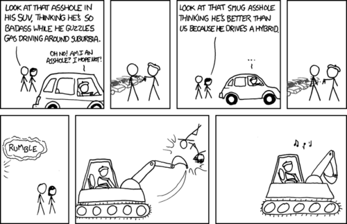 A hovering male and a female verbally deduce that a beret wearing man is an asshole since he is driving an SUV, which they believe is bad for the environment. Upon hearing this, the beret man exchanges his SUV for a hybrid vehicle, in the hopes that this new vehicle will relinquish him of the “asshole” title. But, humorously, this new vehicle still garners him ridicule, this time for appearing “smug.” The man then exchanges his car for a second time, but now for a large tractor - which he uses to to kill the two people who have been mocking his vehicle choices.