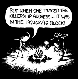 Today, like so many other days, part of a well-known cliché has been substituted with a piece of geek culture.
The cliché in this case is the “killer calling from inside the house”, based off of the 1979 film When a Stranger Calls. Except instead of the killer’s phone calls being traced to inside the house, it is his IP address that is traced to the 192.168/16 block - the block generally reserved for the local (e.g. household) network. 