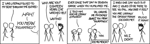 The Author has created another hypothetical situation in an attempt to derive humor from an impractical situation based off of a cliché. In this case, the cliché is the common misuse of the word “literally,” and the impractical situation is a man waiting 18 years to retaliate against being embarrassed over this cliché.
Other things you may be able to derive humor from in this strip:
The crazy man’s hair and beard are very long and unruly.
In the last panel, the crazy man believes that the non-crazy man has once again misused the term “literally.” But, as it turns out, he actually meant that the crazy man was the craziest person he had met.
The whole situation is pretty “wacky.”
