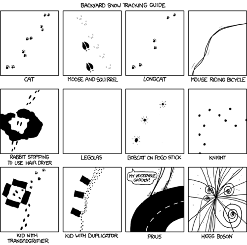 Here, various jokes are represented as a grid of animal footprint diagrams. In comic-book-reading order, with which you should have no trouble following, here are the explanations:
Cat Just a cat’s footprints - this non-joke is used as a foundation for the jokes that follow to build upon. If it helps, you may think of it as a “control group.”
Moose and squirrel A reference to children’s show The Rocky and Bullwinkle Show.
Longcat a reference to an internet meme of the “lolcat” variety.
Mouse riding Bicycle from The Mouse and the Motorcycle children’s series.
Rabbit stopping to use hair dryer It’s funny because rabbits don’t use hair dryers. It is also a setup for a homographic pun.
Legolas An “elf” from the Lord of the Rings movie series who leaves no footprints (get it?).
Bobcat on pogo stick Something random and wacky.
Knight The footprints move in the manner required of the knight piece in chess.
Kid with Transmogrifier A reference to the children’s comic Calvin and Hobbes.
Kid with Duplicator A reference to the children’s comic Calvin and Hobbes.
Prius A topical joke referencing the malfunction of the new Prius’ braking system.
Higgs Boson The tracks in this diagram resemble the output from the Large Hadron Collider that may prove the existence of the Higgs Boson particle.
In summary children’s series, lolcat, children’s series, homographic pun, Lord of the Rings, random/wacky, chess, children’s series, children’s series, topical joke and physics.
Note: you may consider the previous summary to be of this comic strip, or of the entirety of XKCD, the choice is yours.